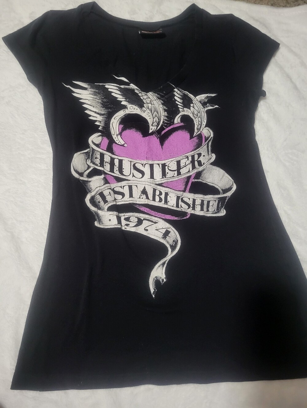 Hustler Hollywood Y2k Black Tee with Pink Heart and Banner Graphic